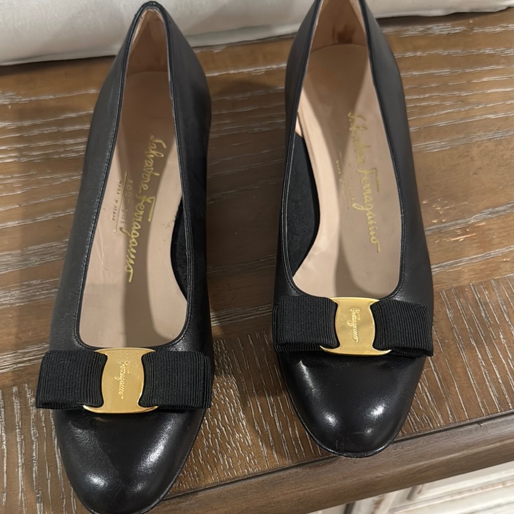 Salvatore Ferragamo Black Flats with Gold Bow